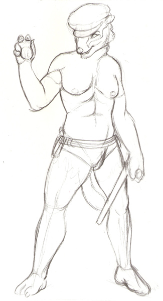 badger baton bulge clothed clothing hat kashe looking_at_viewer male mammal mustelid police police_officer sketch skimpy solo standing tonfa topless underwear unprofessional_behavior unprofessional_behaviour