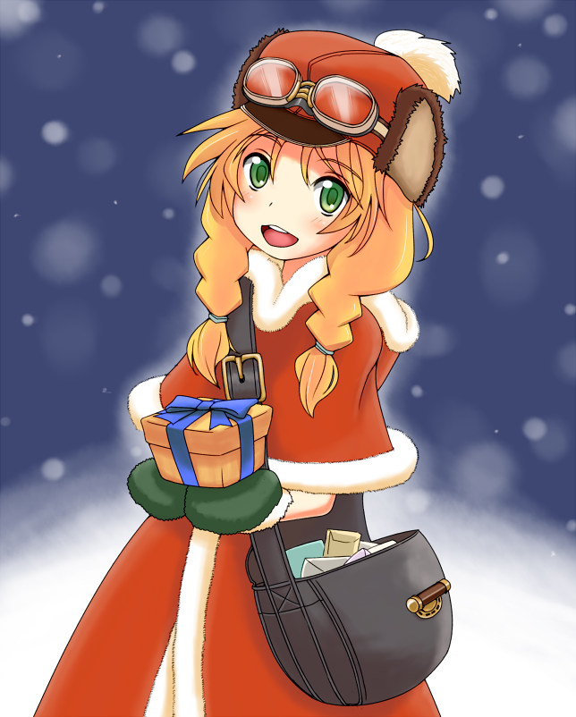 amino_(peperonn) anette bad_id bad_pixiv_id bag blonde_hair braid coat gift goggles green_eyes hat holding holding_gift long_hair rune_factory rune_factory_frontier smile solo twin_braids