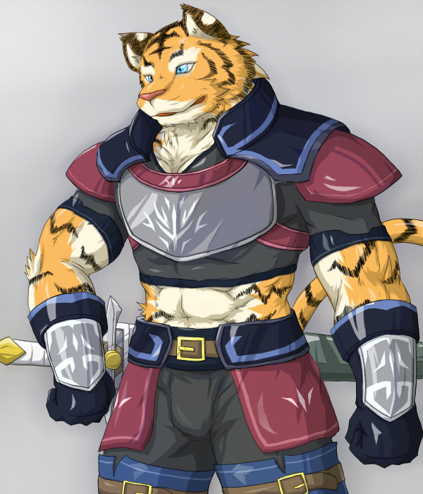 armor belt biceps blue_eyes clothing feline fur gloves male mammal muscles pants shirt solo sword tiger weapon wildheit