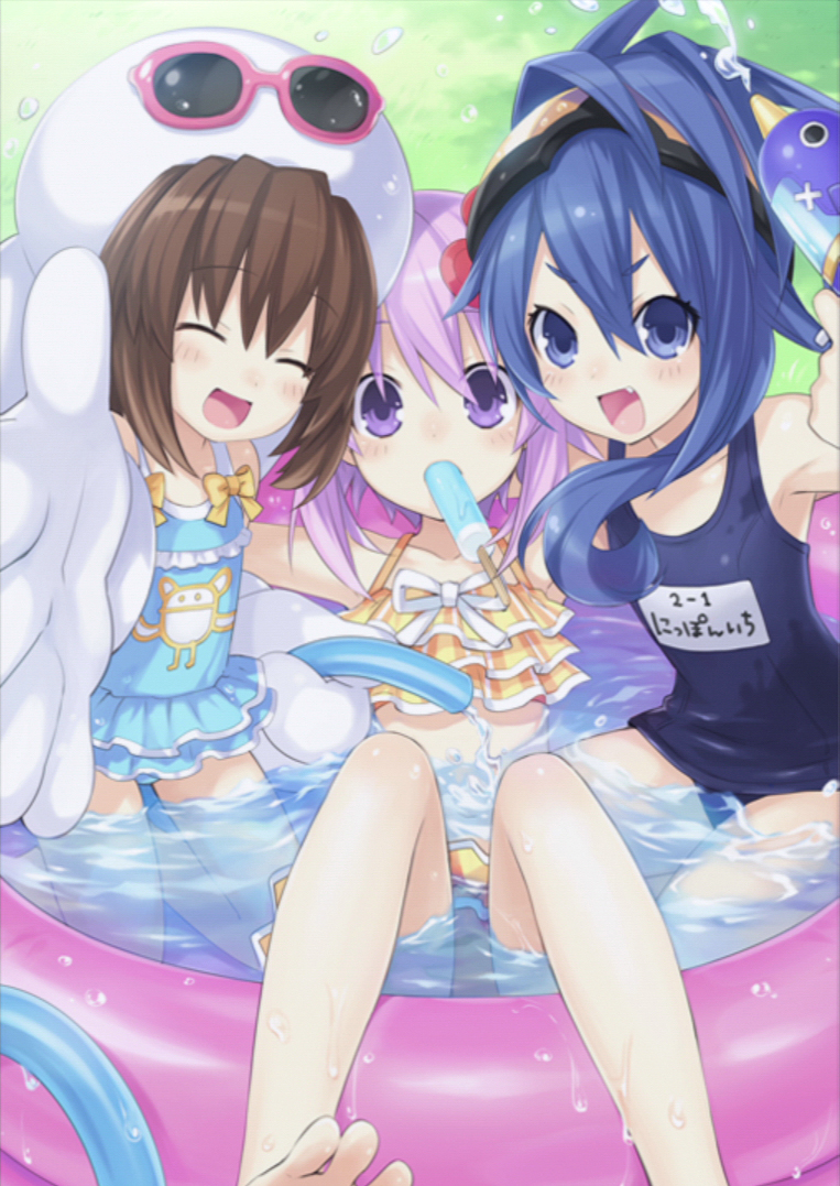 :d barefoot bikini blue_eyes blue_hair bow brown_hair casual_one-piece_swimsuit choujigen_game_neptune closed_eyes face fang food frilled_bikini frilled_swimsuit frills gloves gust_(choujigen_game_neptune) hat hose innertube long_hair multiple_girls neptune_(choujigen_game_neptune) neptune_(series) nippon_ichi_(choujigen_game_neptune) official_art one-piece_swimsuit open_mouth popsicle purple_hair school_swimsuit short_hair smile sunglasses swimsuit toes tsunako wading wading_pool water water_gun wet wet_clothes