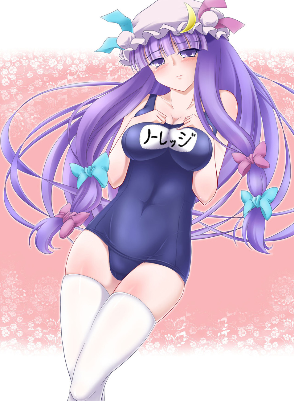 blush breast_suppress breasts cleavage highres long_hair medium_breasts negamaro one-piece_swimsuit patchouli_knowledge purple_eyes purple_hair ribbon school_swimsuit solo swimsuit thighhighs touhou