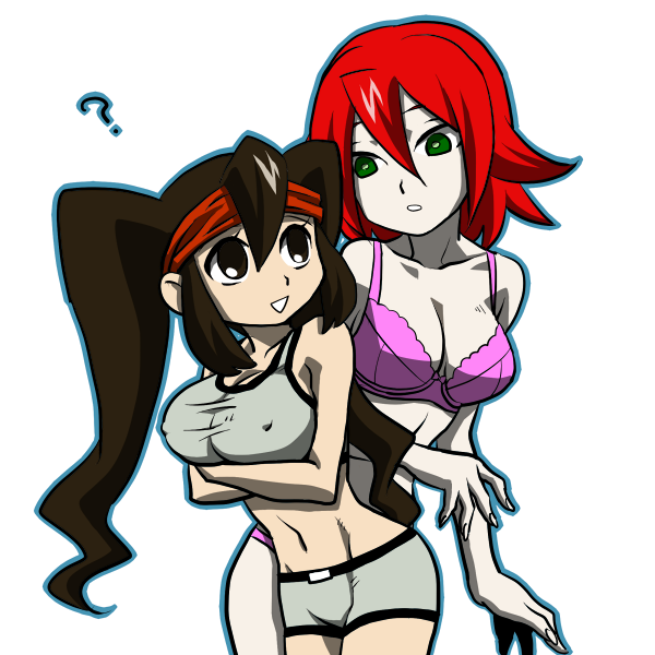 2girls ? bra breasts brown_eyes brown_hair endou_mamoru erect_nipples genderswap green_eyes headband inazuma_eleven inazuma_eleven_(series) kiyama_hiroto large_breasts lingerie multiple_girls navel open_mouth panties pixiv_manga_sample red_hair short_hair shorts simple_background twintails underwear