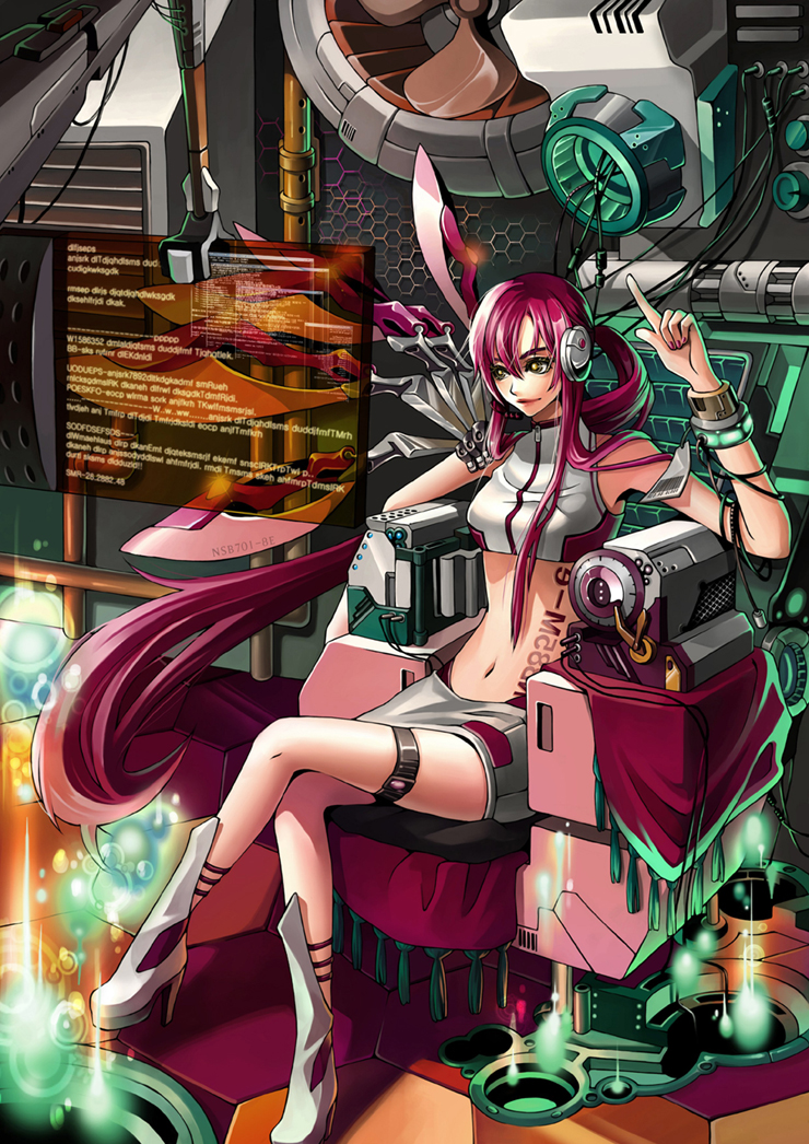 bad_id bad_pixiv_id boots crossed_legs electric_fan floating_screen headphones high_heels jeya light_smile long_hair midriff navel original pink_eyes pointing ponytail science_fiction screen shoes sitting solo yellow_eyes