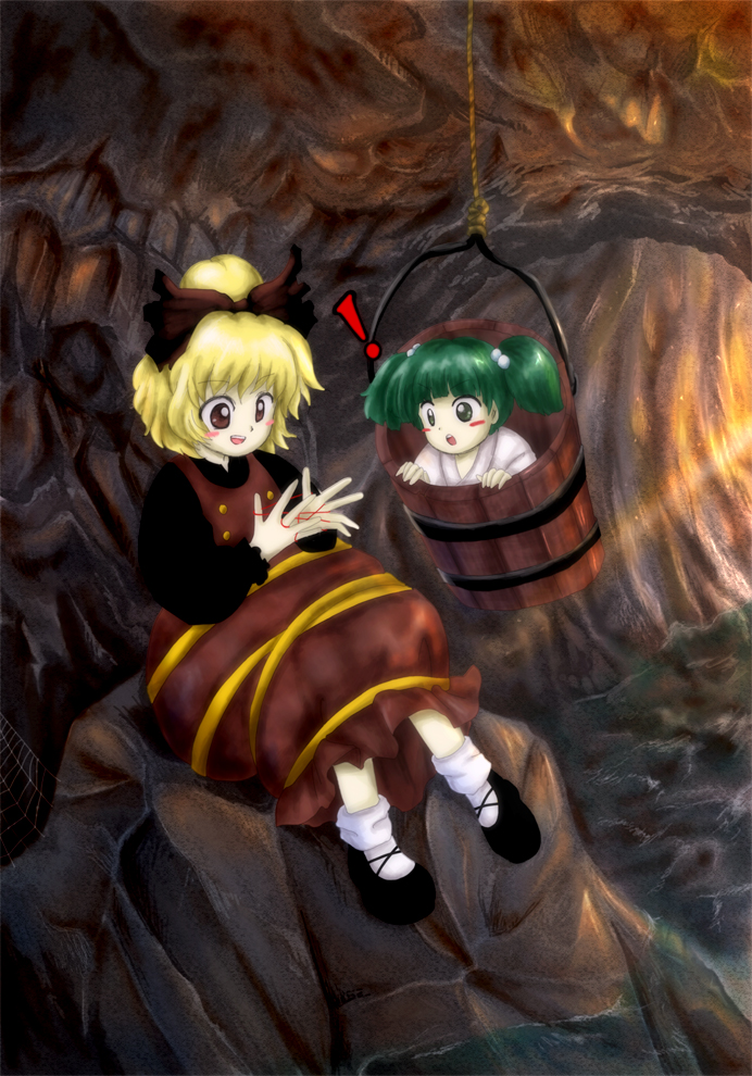 2girls cat's_cradle cave kisume kurodani_yamame mdnk multiple_girls oota_jun'ya_(style) parody style_parody touhou