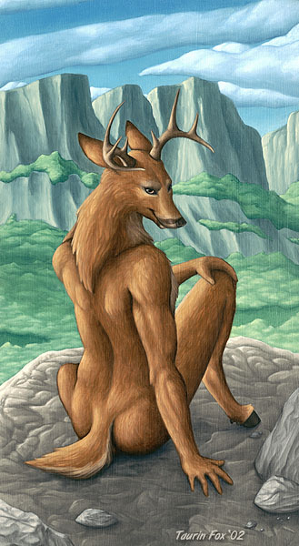 2002 antlers cervine clouds deer horns looking_at_viewer looking_back male sitting sky solo tail taurin_fox