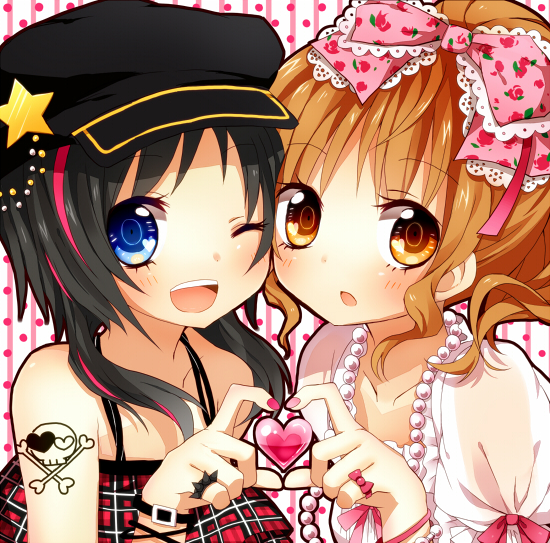 bad_id bad_pixiv_id black_hair blue_eyes blush bow brown_eyes brown_hair dress hair_bow hat heart heart_hands heart_hands_duo hinase_haruka jewelry long_hair multiple_girls necklace one_eye_closed open_mouth original smile