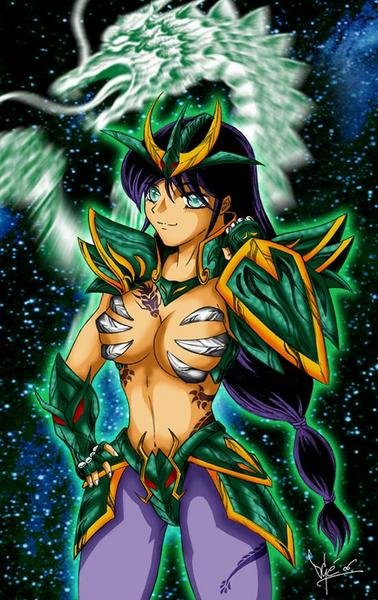 1girl armor black_hair dragon_shiryu dragon_shiryuu genderswap knights_of_the_zodiac lipstick long_hair makeup saint_seiya shiryu solo