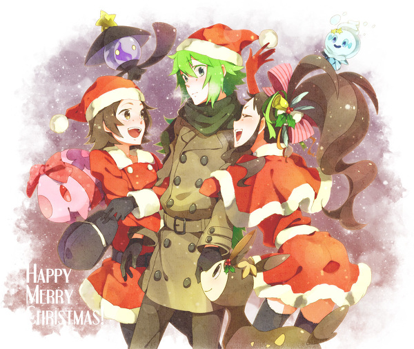 2boys arm_grab baniricchi black_(pokemon) blush brown_hair christmas chry_(112ch) closed_eyes coat deerling english eyes_closed green_eyes hair_ornament hat lampent long_hair multiple_boys munna n_(pokemon) open_mouth pixiv_thumbnail pokemon pokemon_(game) pokemon_black_and_white pokemon_bw ponytail ranpuraa resized santa_costume santa_hat scarf shikijika short_hair smile thighhighs touko_(pokemon) touya_(pokemon) vanillish white_(pokemon) yellow_eyes