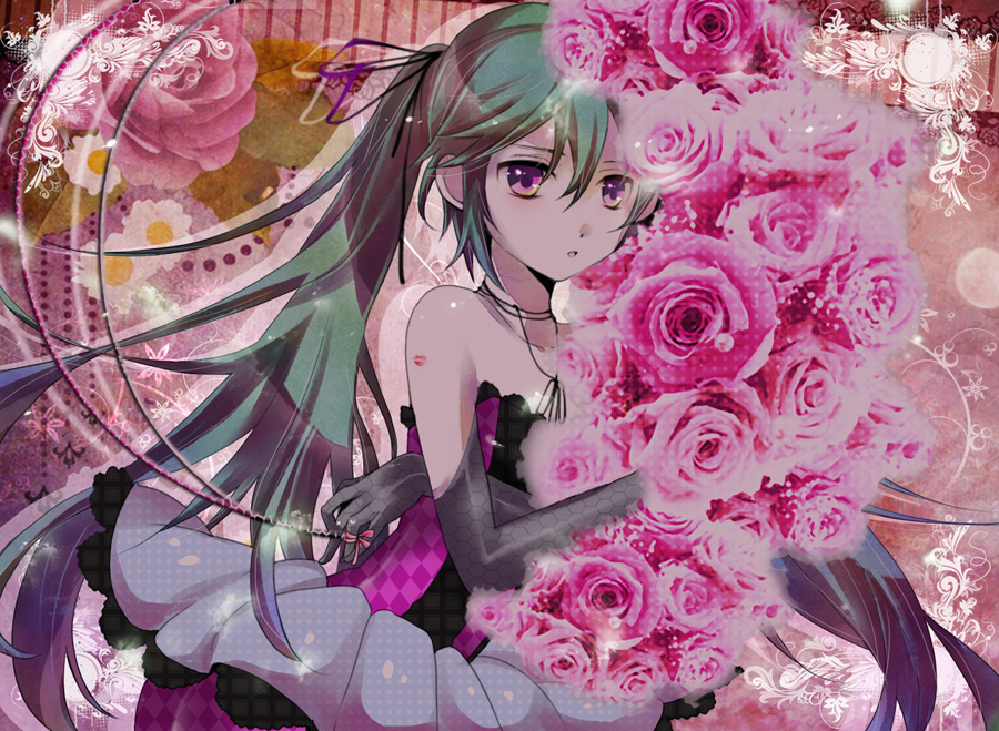 bare_shoulders elbow_gloves flower gloves green_hair hair_ribbon hatsune_miku long_hair mariwai_(marireroy) pink_flower pink_rose purple_eyes ribbon rose skirt solo twintails very_long_hair vocaloid wrapping_kiss_(vocaloid)