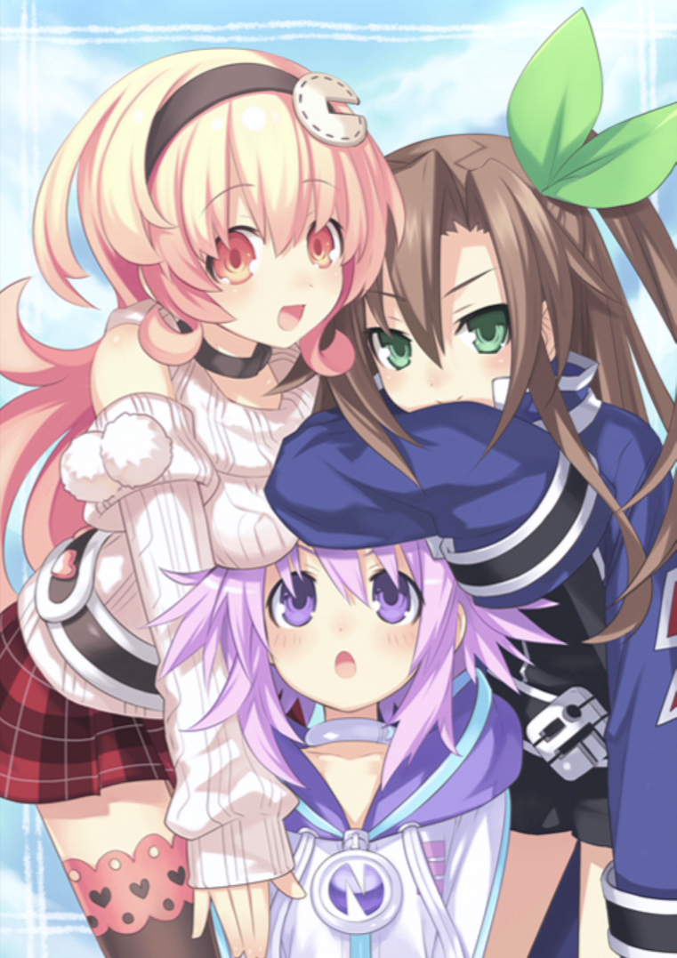&gt;:) :d :o arm_on_head belt black_legwear blush bow breast_rest breasts breasts_on_head brown_hair choujigen_game_neptune collar compa detached_sleeves emblem girl_sandwich green_eyes hair_bow hair_ornament hairband hood hooded_track_jacket if_(choujigen_game_neptune) jacket large_breasts long_hair long_sleeves looking_at_viewer looking_up multiple_girls neptune_(choujigen_game_neptune) neptune_(series) official_art open_mouth orange_eyes orange_hair plaid plaid_skirt purple_eyes purple_hair ribbed_sweater sandwiched skirt sleeves_past_wrists smile sweater thighhighs track_jacket tsunako v-shaped_eyebrows zettai_ryouiki