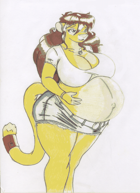 belly big_belly big_butt big_thighs breasts butt feline female huge_breasts lion lioness milf mother pre_milf pregnant skimpy skirt solo