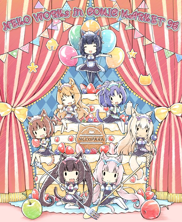 :3 ^_^ animal_ears azuki_(sayori) balloon bell black_hair blonde_hair bow brown_hair cake cat_ears cat_tail chibi chocola_(sayori) cinnamon_(sayori) closed_eyes coconut_(sayori) comiket commentary_request copyright_name cup fake_animal_ears fake_tail food fruit happy jingle_bell long_hair looking_at_viewer low_twintails maid maid_headdress maple_(sayori) minazuki_shigure multiple_girls nekopara official_art one_eye_closed open_mouth platinum_blonde_hair purple_hair sayori short_twintails sitting smile standing strawberry tail tea teacup thighhighs twintails vanilla_(sayori) very_long_hair white_hair