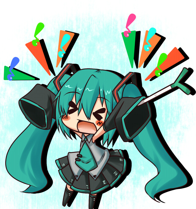 &gt;_&lt; aokichi aqua_hair blush_stickers chibi closed_eyes detached_sleeves hatsune_miku long_hair necktie open_mouth skirt sleeves_past_wrists solo spring_onion thighhighs twintails very_long_hair vocaloid