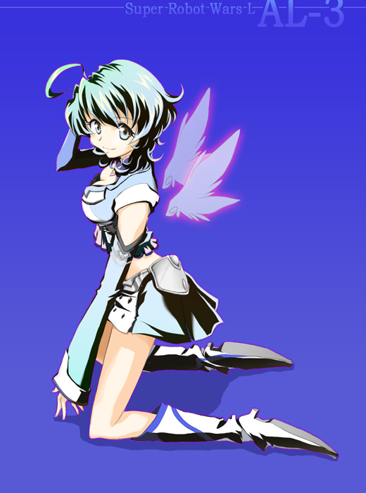 ahoge al-3_alice blue_eyes blue_hair breasts chappy_(chapppy) cleavage detached_sleeves medium_breasts skirt solo super_robot_wars super_robot_wars_l wings