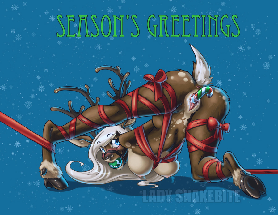 2010 abstract_background anthro antlers anus ass_up ball_gag bdsm between_breasts big_breasts blue_eyes bondage bound breasts brown_body candy_cane candy_cane_dildo cervine christmas deer dildo female food_play gag gift hair hands_behind_back holidays hooves horn insertion kneeling lady_snakebite legs_up looking_at_viewer looking_back mammal masturbation nude ornament penetration pose pussy pussy_juice raised_leg raised_tail ribbon_bondage ribbons sex_toy small_tail snow solo spread_legs spreading tail vaginal vaginal_insertion vaginal_penetration white_hair xmas