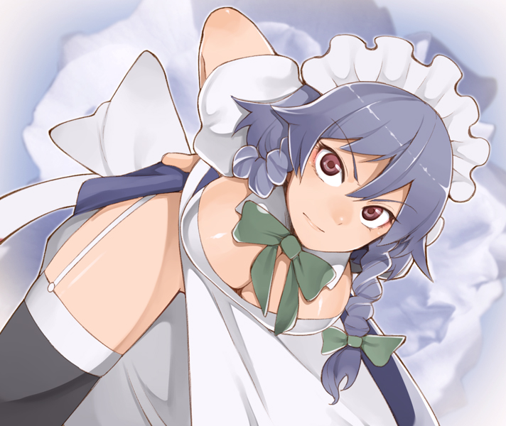 :| bent_over bow braid breasts cleavage closed_mouth garter_straps hands_on_ass hands_on_own_ass izayoi_sakuya kosame_daizu large_breasts looking_at_viewer maid maid_headdress no_panties red_eyes short_hair silver_hair solo thighhighs touhou tsurime twin_braids v-shaped_eyebrows