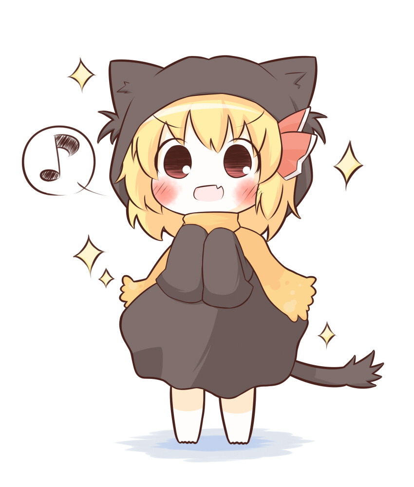 animal_costume bad_id bad_pixiv_id blush brown_eyes cat_tail chibi fang kemonomimi_mode musical_note rumia scarf sleeves_past_wrists solo south114 standing tail touhou