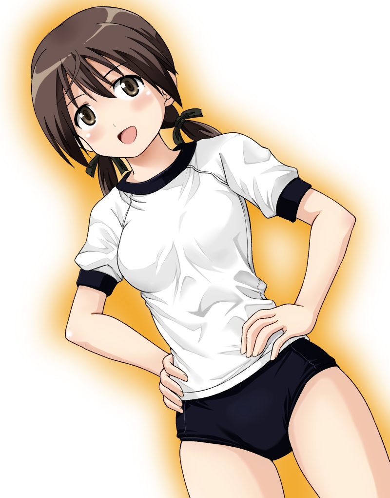 :d brown_eyes brown_hair buruma gertrud_barkhorn gym_uniform hands_on_hips ken_(haresaku) long_hair open_mouth smile solo strike_witches twintails world_witches_series