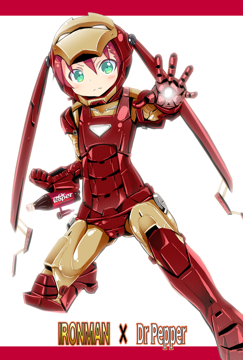 aqua_eyes armor blush bottle character_name crossover dr_pepper dr_pepper-tan green_eyes iron_man marvel mask miyao_ryuu outstretched_hand product_girl product_placement red_hair solo source_request twintails