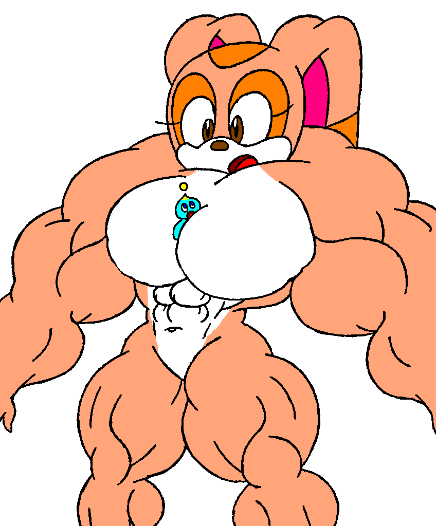 biceps big_breasts big_muscles blue_eyes breasts brown_eyes chao couple cream_the_rabbit extreme_muscles female furry giantess hyper hyper_muscles muscle muscles muscular muscular_female navel nude plain_background sega sonic_(series) sonic_the_hedgehog surprised what white_background