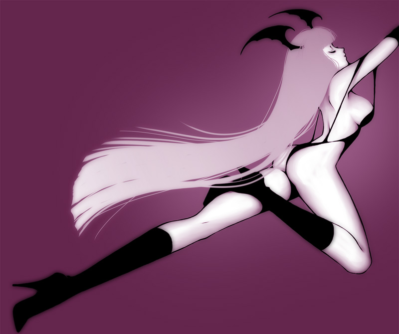 ass boots breasts closed_eyes commentary_request eden_(artist) from_side head_wings high_heel_boots high_heels knee_boots large_breasts lavender_hair leotard long_hair monochrome morrigan_aensland outstretched_leg pale_skin pose profile purple sideboob simple_background solo thong_leotard vampire_(game) very_long_hair wings