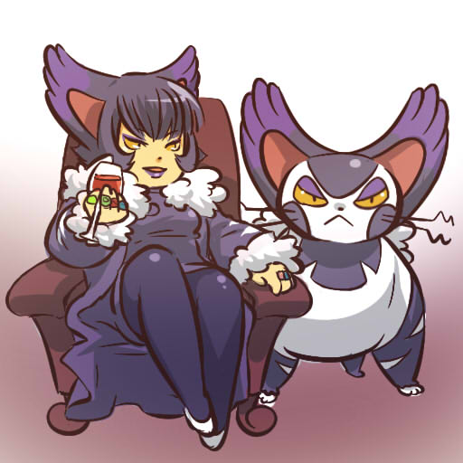 :&lt; animal_ears black_hair cat cat_ears chair coat cup cupping_glass drinking_glass eyeshadow fat gen_4_pokemon hitec jewelry lipstick makeup moemon open_mouth pantyhose personification pokemon pokemon_(creature) purple_hair purugly ring robe sitting whiskers wine_glass yellow_eyes