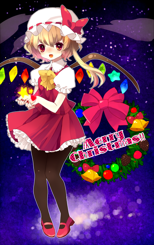 bad_id bad_pixiv_id blonde_hair christmas flandre_scarlet hat ia_(carat) merry_christmas pantyhose ponytail red_eyes short_hair side_ponytail solo touhou wings wreath