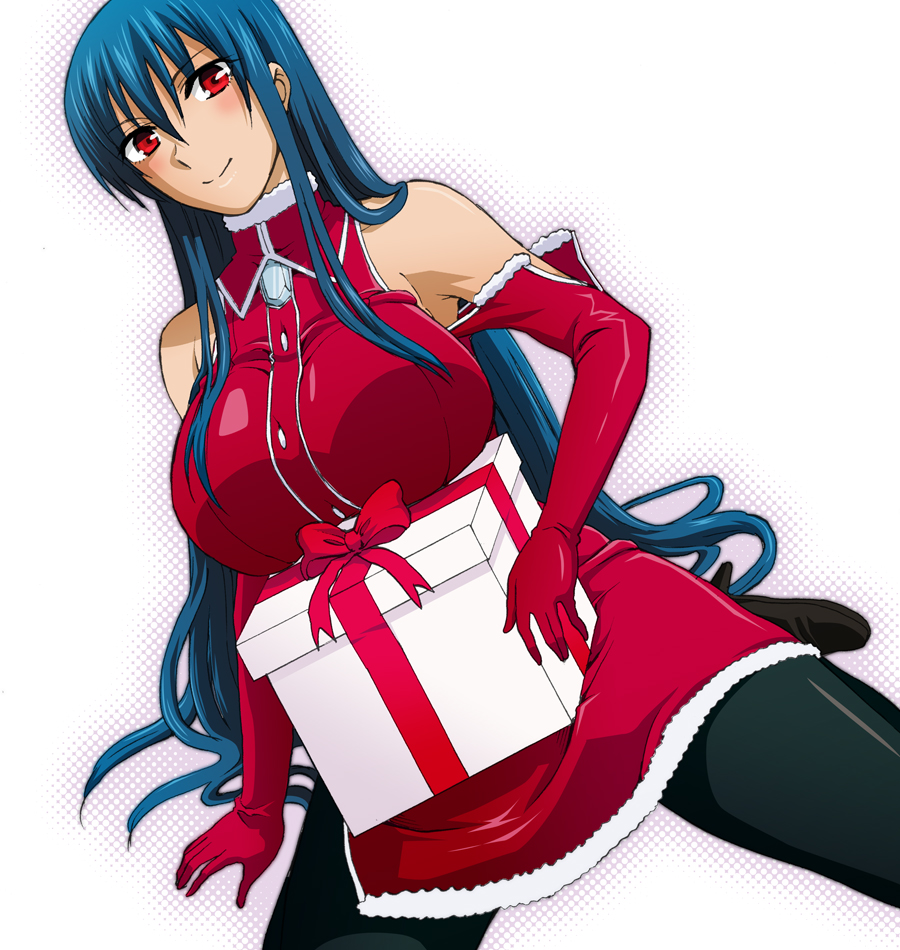 bare_shoulders black_legwear blue_hair boots breast_rest breasts christmas diamond_cut_diamond elbow_gloves gift gloves holding holding_gift kenji_t1710 large_breasts long_hair official_art pantyhose red_eyes red_gloves santa_costume shigyou_yuuyami smile solo