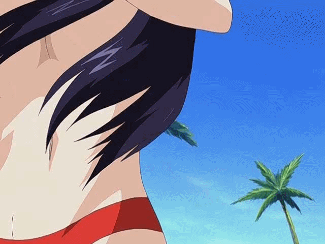 animated animated_gif bikini black_hair bounce bouncing_breasts breasts cleavage gif happoubi_jin large_breasts long_hair palm_tree palm_trees red_bikini resort_boin swimsuit tree volleyball