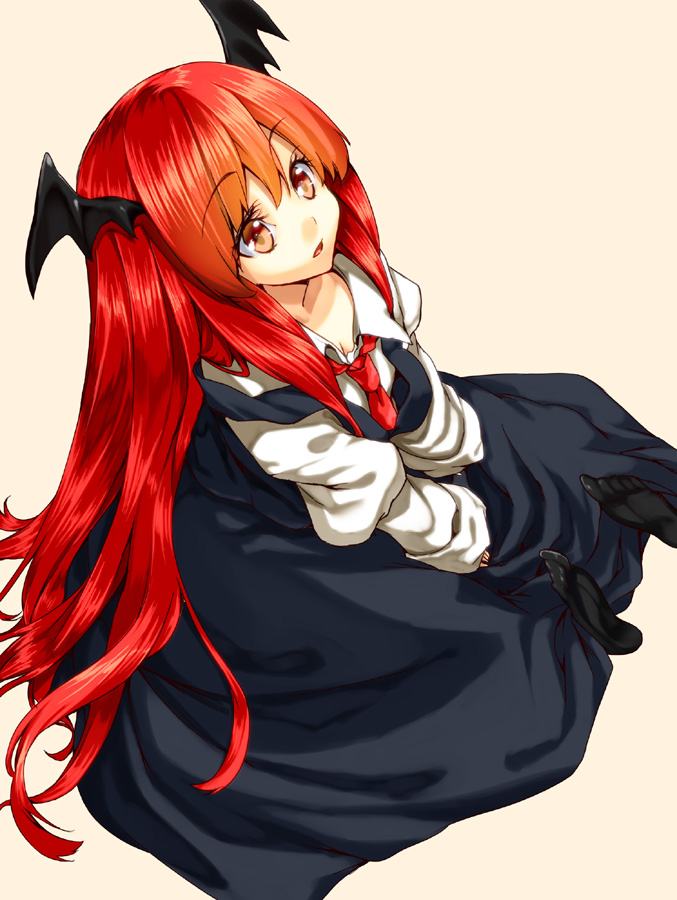 bad_id bad_pixiv_id bat_wings head_wings koakuma kyon_(fuuran) long_hair necktie oversized_clothes red_eyes red_hair red_neckwear solo touhou wings