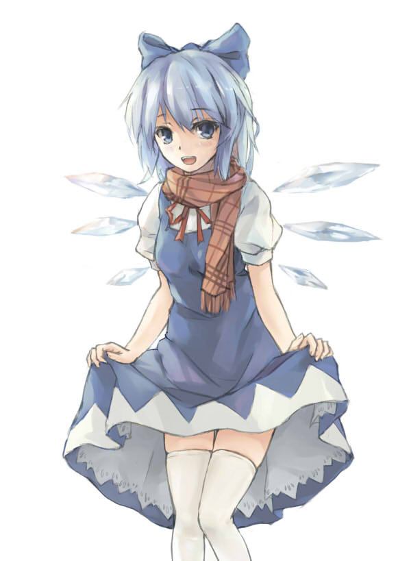 :d bad_id bad_pixiv_id blue_eyes blue_hair bow cirno curtsey hair_bow open_mouth scarf short_hair smile solo thighhighs touhou white_legwear wings xiao_qiang_(overseas)