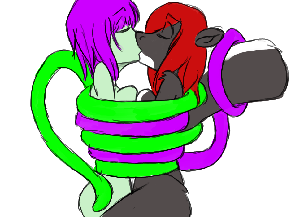 em female hair kissing lesbian mammal monster plain_background purple_hair red_hair skunk tentacles vyse white_background