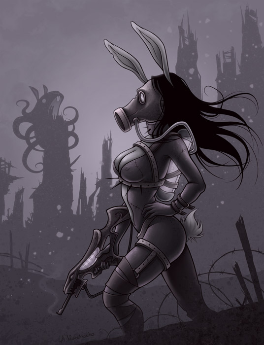 aleksandra_marchocka armor barbed_wire breasts female gas_mask gun hair lagomorph long_ears long_hair rabbit scar solo standing tail tentacles weapon