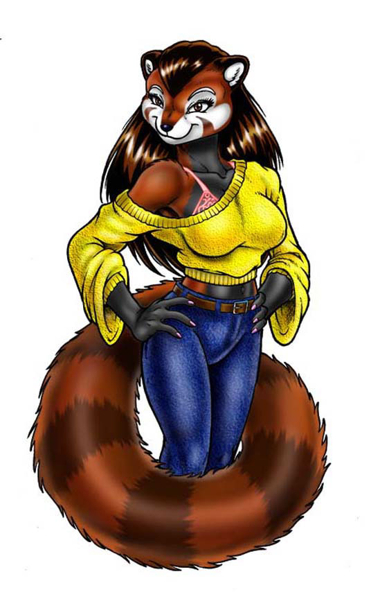 anthro mammal midriff plain_background red_panda solo unknown_artist white_background