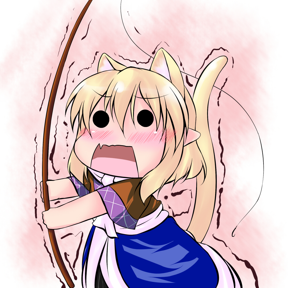 animal_ears blonde_hair blush cat_ears cat_tail chibi extra_ears fang fishing_rod holding holding_fishing_rod hoshizuki_(seigetsu) kemonomimi_mode mizuhashi_parsee open_mouth pointy_ears puru-see scarf short_hair solo tail touhou trembling