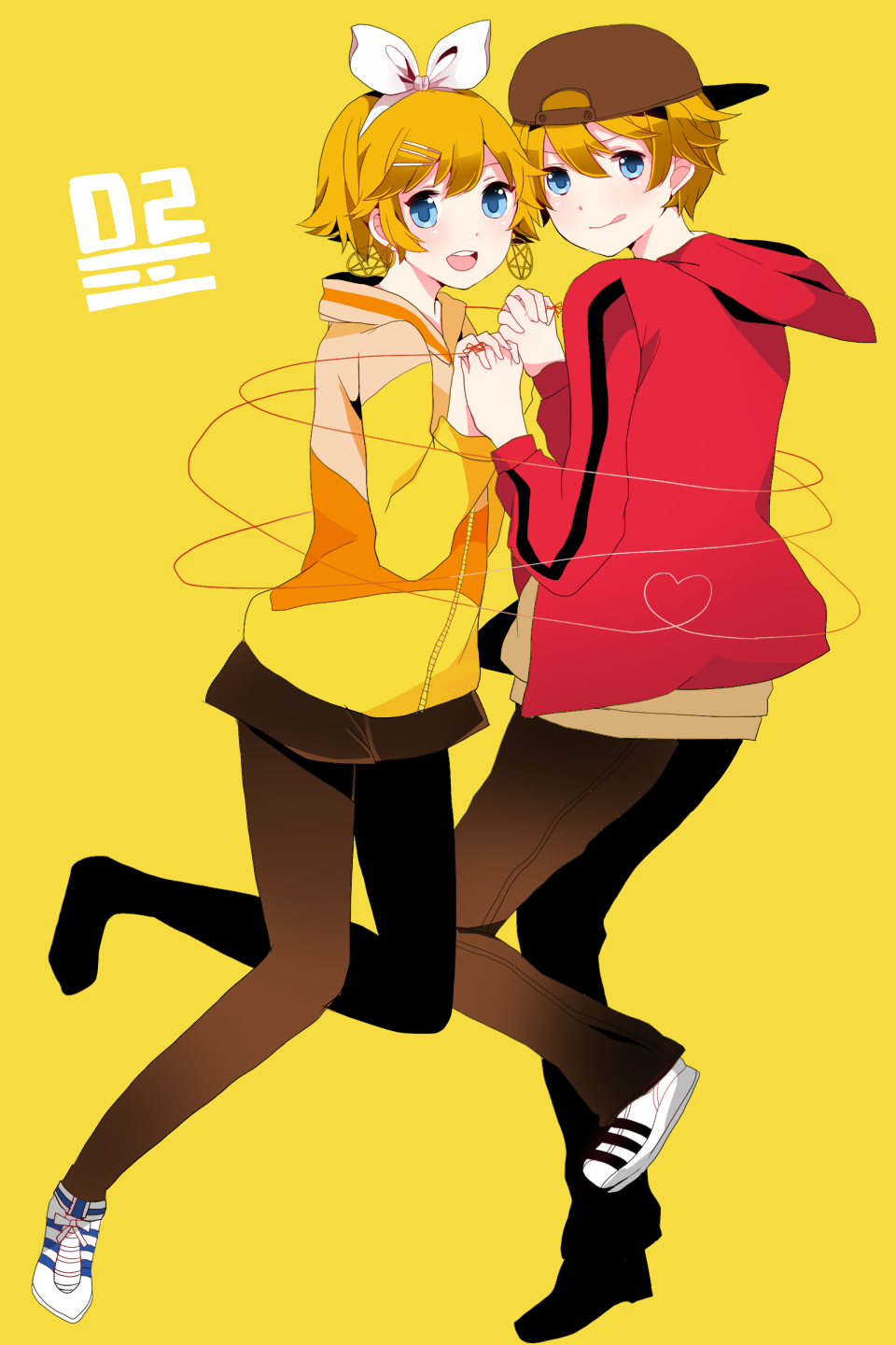 1girl :q bad_id bad_pixiv_id baseball_cap blonde_hair blue_eyes casual earrings hair_ornament hair_ribbon hairclip hat highres holding_hands hood hoodie jewelry juvenile_(vocaloid) kagamine_len kagamine_rin komine pantyhose red_string ribbon shoes short_hair sneakers string tongue tongue_out vocaloid