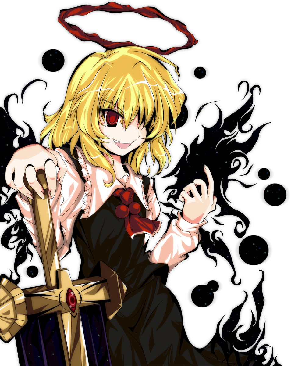 adesa alphes_(style) blonde_hair darkness ex-rumia hair_over_one_eye halo highres open_mouth parody red_eyes rumia smile solo style_parody sword touhou transparent_background weapon wings