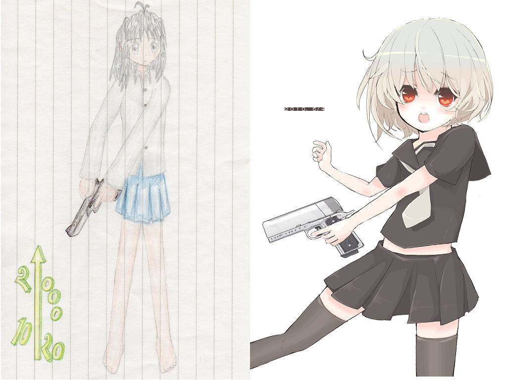 before_after child comparison gun loli open_mouth paper pixiv19233 poorly_drawn progress red_eyes school_uniform skirt thighhighs weapon yume_(wig)