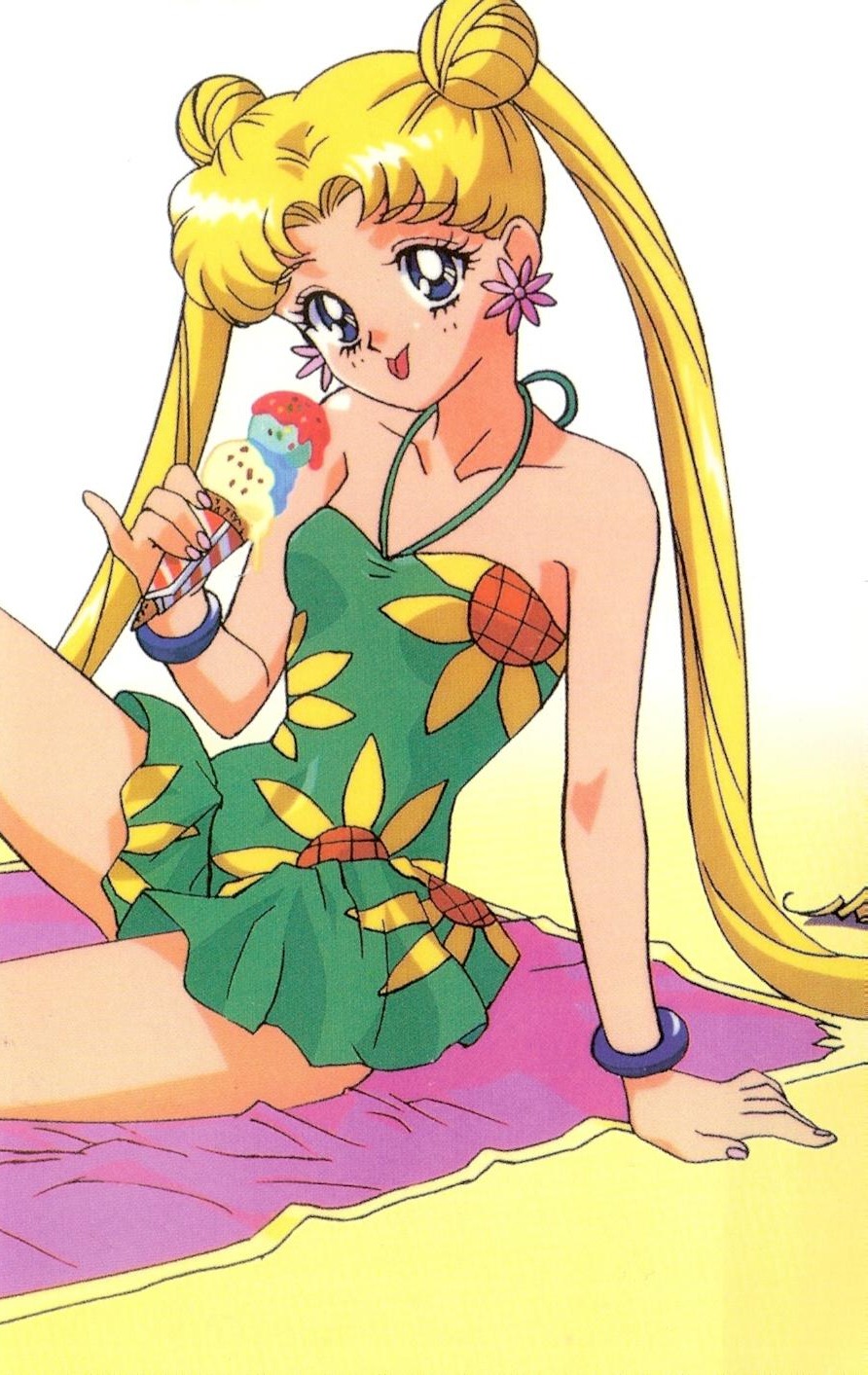 beach bishoujo_senshi_sailor_moon blonde_hair blue_eyes double_bun double_buns earrings flower food highres ice_cream jewelry legs lick licking official_art one-piece_swimsuit one_piece_swimsuit pinky sailor_moon skirt sunflower sunflowers swimsuit tongue towel tsukino_usagi twintails