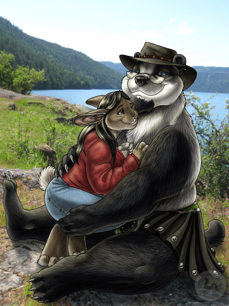 bear clothing couple duo female hat lagomorph male mammal panda pants photo_background rabbit sabretoothed_ermine shirt straight