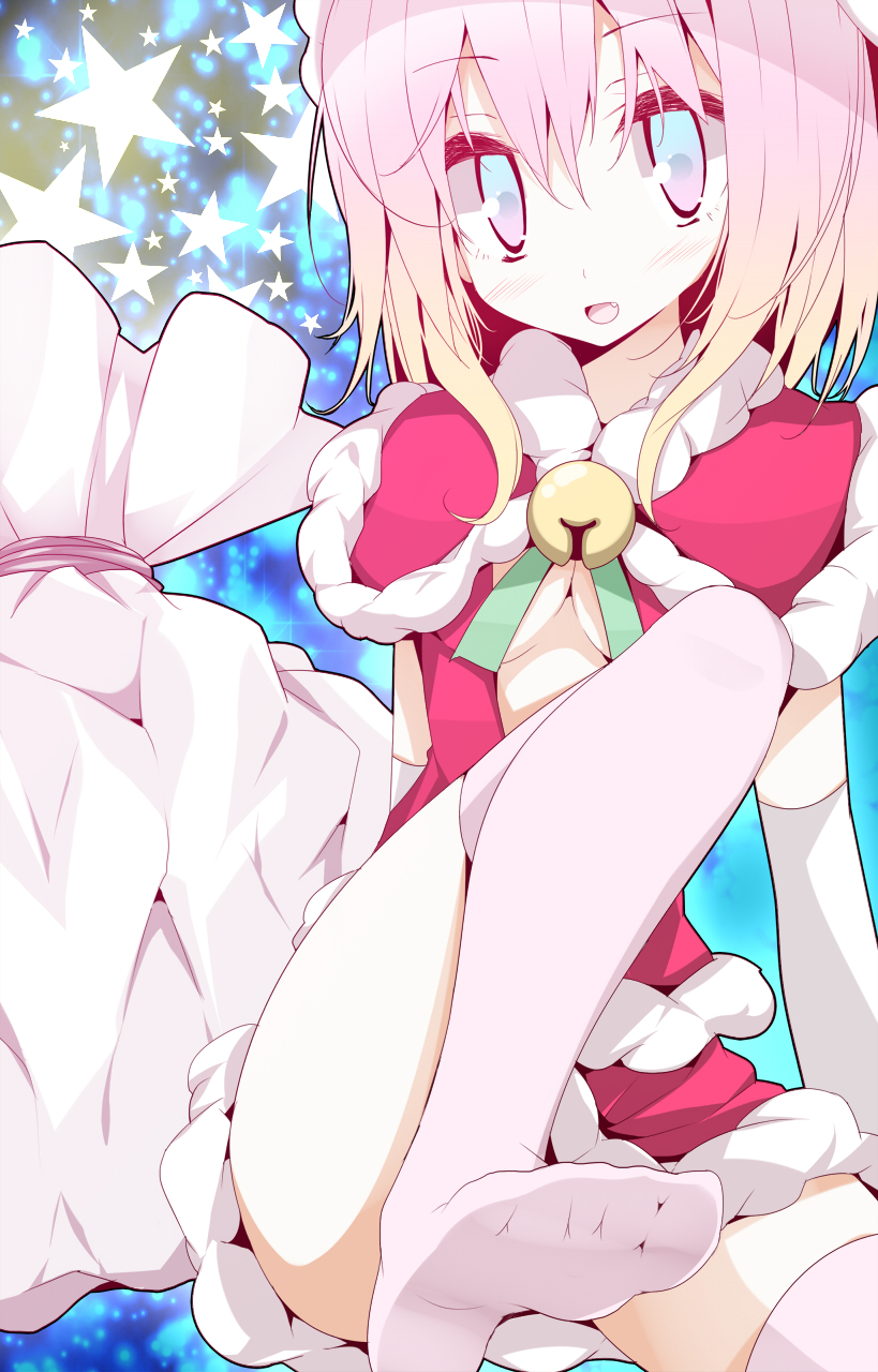 bad_id bad_pixiv_id bell blue_hair breasts christmas cleavage fang feet gradient_hair highres legs medium_breasts multicolored multicolored_eyes multicolored_hair oouso original pink_hair santa_costume short_hair solo thighhighs white_legwear