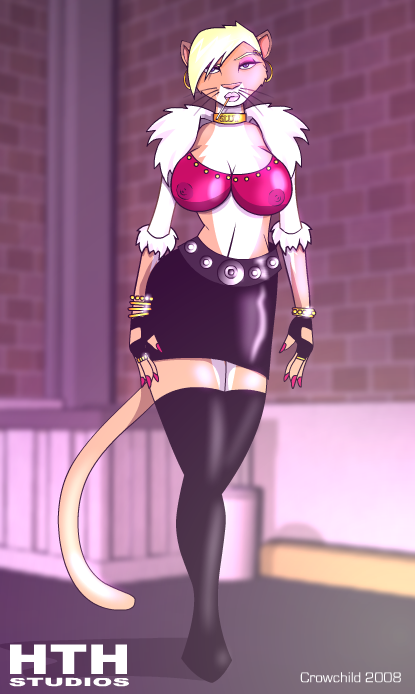 belt blonde_hair bracelet breasts cigarette clothed clothing collar cougar crowchild eye_shadow eyeshadow feline female ginger_(hth) gloves hair herm intersex it's_a_trap it's_a_trap jewelry looking_at_viewer makeup mammal nail_polish pink_nose short_hair solo standing whiskers