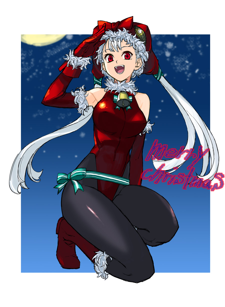 alternate_costume armpits bare_shoulders bell boots capcom_fighting_jam christmas detached_sleeves fangs gloves hat highres ingrid leotard long_hair pantyhose red_eyes red_gloves red_leotard solo tetsu_(kimuchi) white_hair