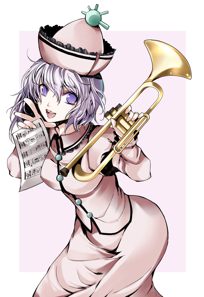 atoshi bass_clef beamed_eighth_notes eighth_note hat instrument merlin_prismriver musical_note quarter_note sheet_music short_hair solo time_signature touhou treble_clef trumpet