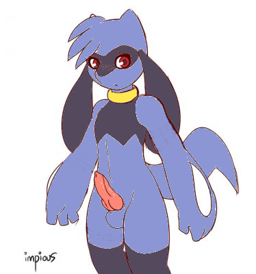 anthro balls blue blue_body blush canine canine_penis cute erection face_markings facial_markings hair impious knot male mammal markings nintendo penis pink_penis plain_background pok&#233;mon pok&eacute;mon red_eyes riolu solo standing tail video_games white_background yellow