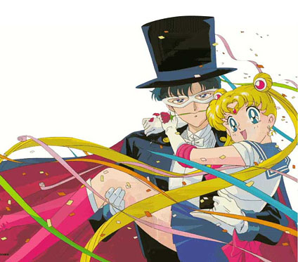 bishoujo_senshi_sailor_moon carrying chiba_mamoru confetti couple flower happy hat love lowres official_art princess_carry rose sailor_moon smile top_hat tsukino_usagi tuxedo_kamen