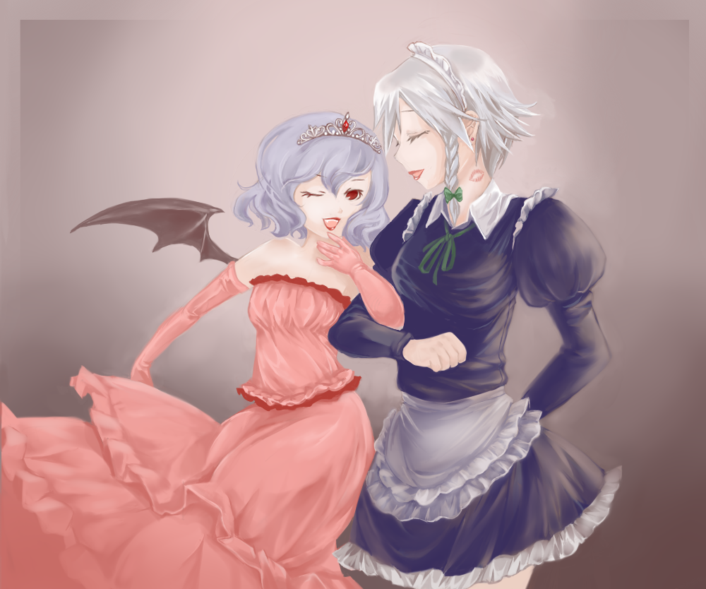 bare_shoulders bat_wings blue_hair braid dress eke elbow_gloves gloves izayoi_sakuya lipstick lipstick_mark locked_arms maid maid_headdress makeup multiple_girls one_eye_closed red_eyes red_lipstick remilia_scarlet short_hair silver_hair tiara touhou wings