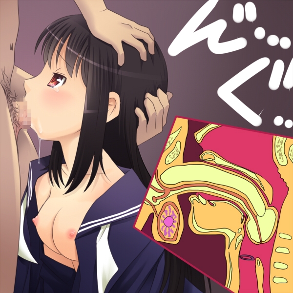 black_hair blush breasts censored clothed_female_nude_male cross-section deepthroat fellatio hands_on_another's_head head_grab hetero long_hair male_pubic_hair medium_breasts meow_(nekodenki) mosaic_censoring no_bra nude open_clothes open_shirt oral original penis pubic_hair red_eyes saliva school_uniform serafuku shirt solo_focus swallowing tears testicles translation_request untied