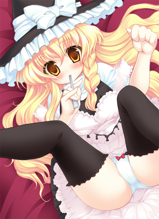 apron ayuhara bad_id bad_pixiv_id black_legwear blonde_hair braid hat kirisame_marisa panties solo thighhighs touhou underwear witch_hat yellow_eyes