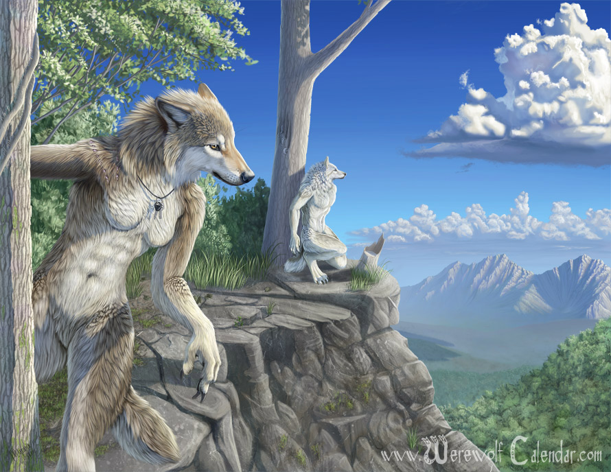 cliff cloud clouds detailed_background female jewelry key male mammal mountain myenia naturally_censored nature outside realistic sky tree trees were werewolf wolf wood yellow_eyes